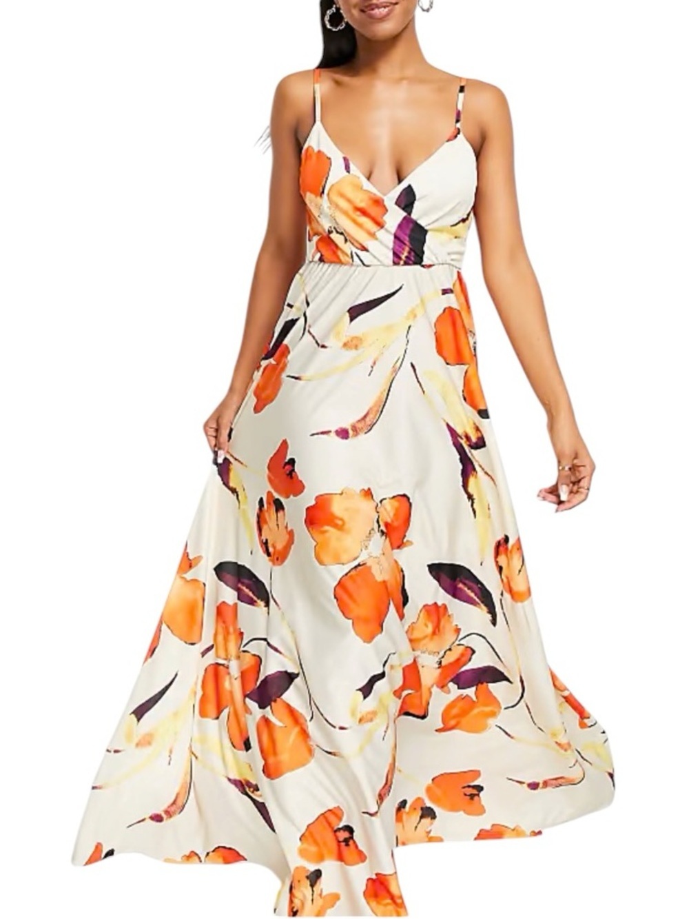ASOS DESIGN - NWT Floral Plunge Tie Back Maxi Dress Cream Orange Sz 6